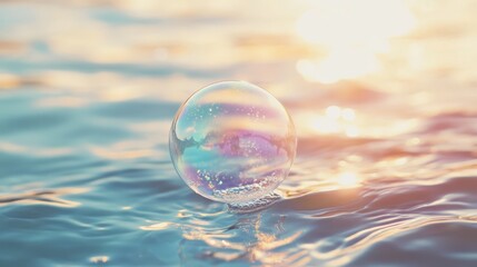 A single iridescent bubble floats on the surface of a calm body of water, reflecting the setting sun.