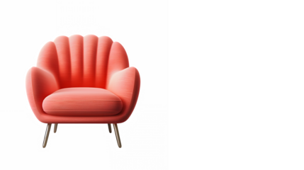 Retro armchair, coral pink upholstery, rounded shell-like shape, mid-century modern design, isolated on white background, sleek metal legs, plush cushioning, minimalist aesthetic, studio photography