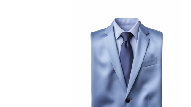 business attire, light blue suit jacket, white dress shirt, navy blue tie, professional, formal wear, corporate style, crisp fabric, tailored fit, minimalist background, studio lighting