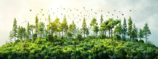 eco-friendly technology green icons environmental protection wind power solar panels electric cars organic food reforestation flat design vector graphics