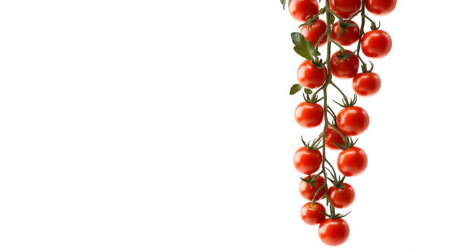 Vine-ripened cherry tomatoes, Vibrant red clusters, Fresh produce, White background, Hanging fruit, Organic vegetables, Botanical photography, High-contrast image, Food ingredients, Clean composition