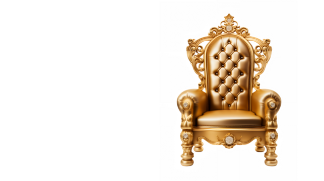 Ornate golden throne, luxurious royal chair, baroque style, intricate carving, tufted upholstery, crown-shaped backrest, gilded frame, opulent furniture, white background, studio lighting