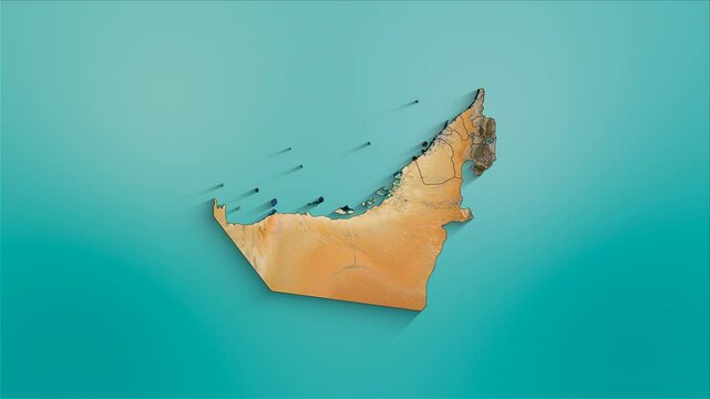 United Arab Emirates animated map showing regions forming the country with a physical map background and a chroma key alpha channel.