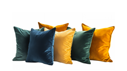 Colorful velvet throw pillows, jewel tones, rich textures, navy blue, emerald green, golden yellow, plush cushions, interior design, home decor, minimalist arrangement, soft lighting