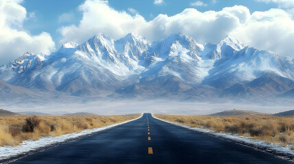Snowy Mountain Range Road Landscape - Digital Illustration