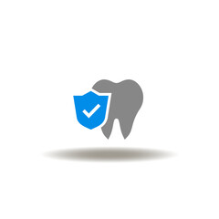 Vector illustration of tooth and shield with check mark. Symbol of dental insurance.