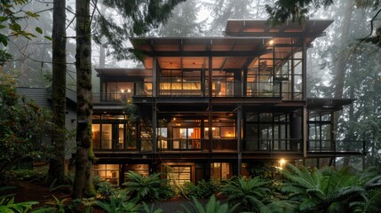 A modern glass house surrounded by lush trees, featuring open architecture with metal frames, wooden accents, and rooftop greenery, blending harmoniously with its natural environment.