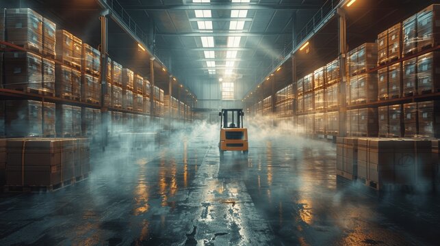 Modern Logistics Center with Forklifts and Pallets in a Large Industrial Warehouse
