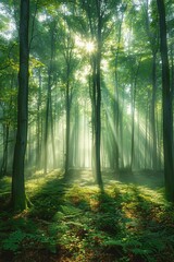 Naklejka premium Misty Morning Sunbeams in a Green Forest