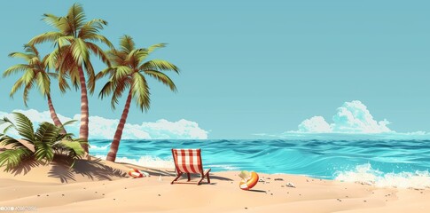 Fototapeta premium Summer Beach Scene with Palm Trees and Deck Chair, Cartoon Minimalist Illustration