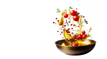 Colorful vegetables splashing, golden wok, vibrant culinary explosion, dynamic food photography, white background, red tomatoes, green peppers, yellow bell peppers, water droplets, floating ingredient
