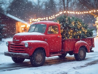 Festive Red Truck with Christmas Tree for Holiday Cheer