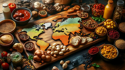 World Map Illustration with Colorful Spices and Food