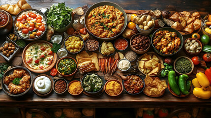 Fototapeta premium Food Photography - Overhead View of Assorted Dishes on a Wooden Table