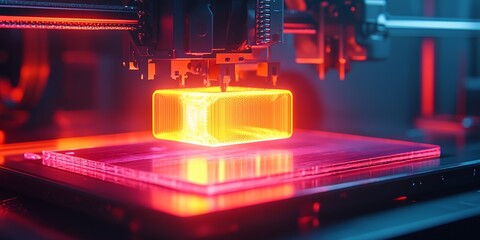 Obraz premium 3D Printing Can Create Complex Shapes With Precision in a High-Tech Workshop Illuminated by Vibrant Red Lights During Nighttime Hours