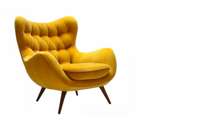 Mid-century modern armchair, bright yellow velvet upholstery, curved organic shape, tufted backrest, tapered wooden legs, retro design, comfortable lounge chair, vibrant accent piece