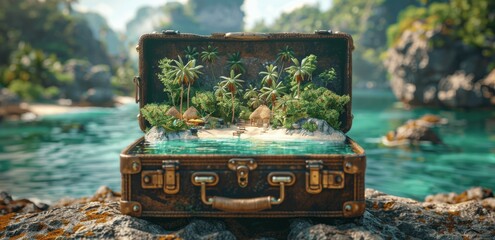 open suitcase with exotic beach inside, travel escape, tropical paradise, vacation adventure