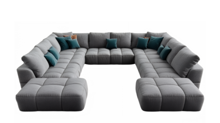 Large modular sectional sofa, U-shaped layout, gray upholstery, tufted cushions, contemporary design, minimalist aesthetic, open living room arrangement, comfortable seating, spacious lounging area