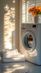 White washing machine with sunlight shadows on the wall creating an aesthetic cozy laundry scene