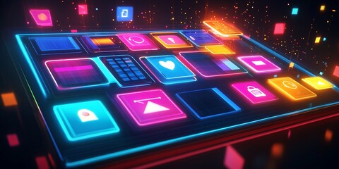 A Vibrant Digital Display Showcasing Colorful Icons on a Futuristic Touchscreen, Illuminated in a Dark Environment, Creating a Visually Striking Technology Theme at Night