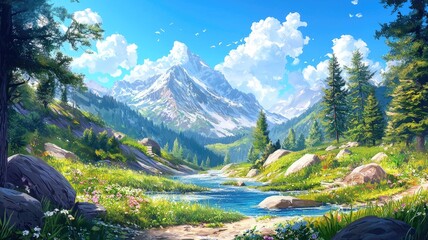 A Serene Mountain River Scene with Lush Greenery and Snowy Peaks