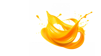 Vibrant yellow paint splash, dynamic fluid motion, swirling abstract shapes, energetic brushstroke, liquid art, white background, high contrast, smooth curves, glossy texture, minimalist composition