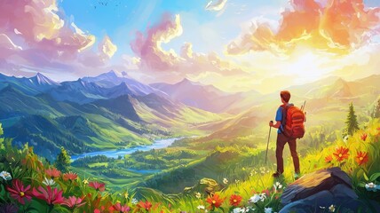 A lone hiker pauses to admire the vast mountain landscape.