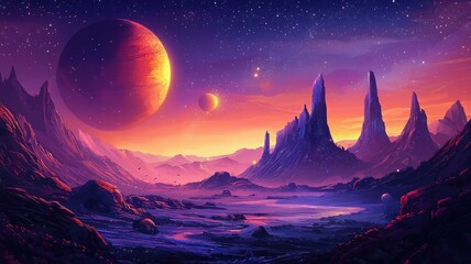 Fototapeta premium A Purple and Orange Alien Landscape with Two Moons and a Starry Sky