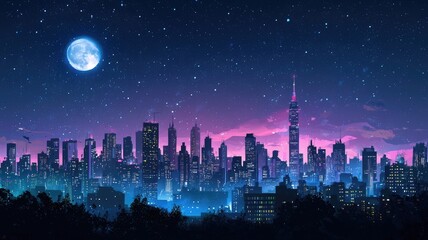 City Skyline at Night with Full Moon and Stars