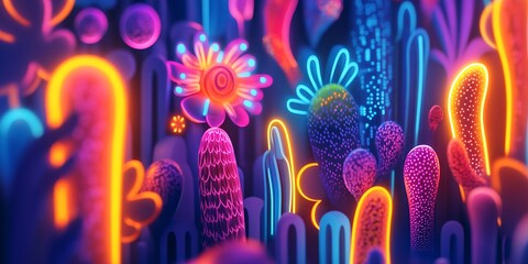 Obraz premium Vivid Neon Cacti and Flowers Illuminate a Vibrant and Colorful Desert Landscape During a Lively Nighttime Festival Atmosphere in an Abstract Display