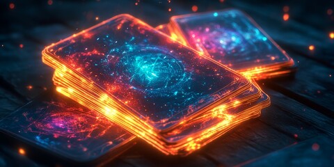 Colorful Glowing Cards With Space Themes Stacked on a Wooden Surface, Showcasing Vibrant Cosmic Designs and Swirling Patterns During a Dimly Lit Evening