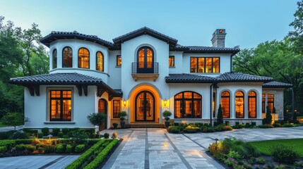 Fototapeta premium Luxury Spanish Colonial Home with White Stucco, Dark Wood Accents, Arched Windows, Stone Facade, Large Driveway, and Landscaping at Dusk