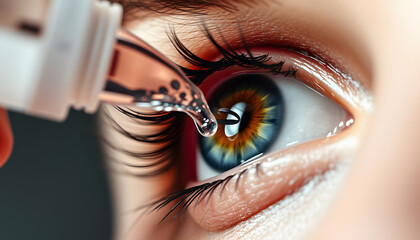 macro close up eye using eyedrops liquid medicine healthy eyesight clarity concept isolated with white highlights, png