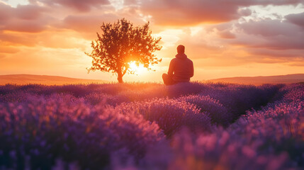 Silhouette of a Person Sitting in a Field of Lavender at Sunset