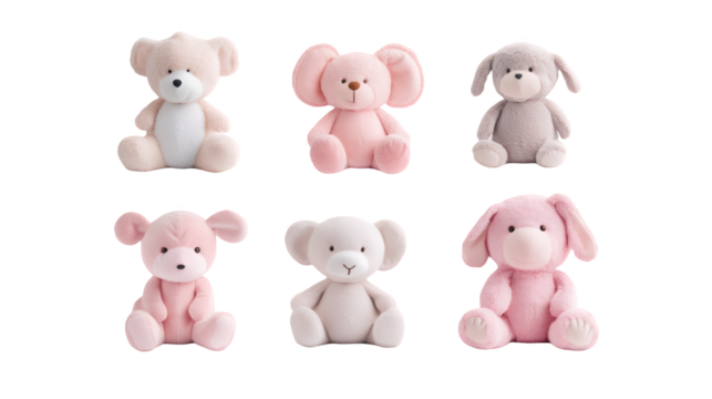 Cute plush toys, stuffed animals, pastel colors, pink and gray, teddy bears, bunnies, elephants, soft textures, rounded shapes, kawaii style, children's toys, nursery decor, cuddly, fluffy, adorable