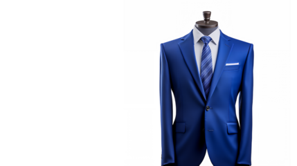 Elegant blue suit jacket, crisp white dress shirt, striped blue tie, tailored menswear, professional attire, formal business wear, high-end fashion, studio lighting, clean background, sharp details