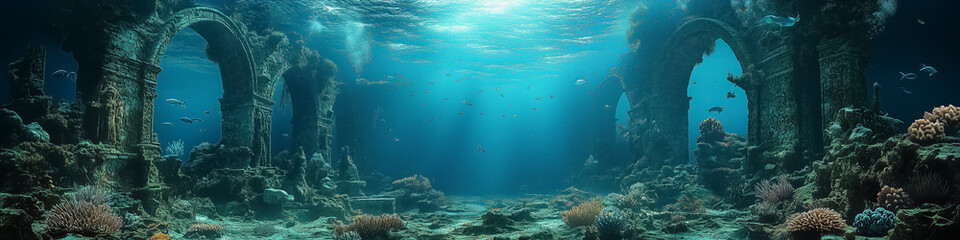 Serene underwater ruins showcasing vibrant marine life, perfect for wall art, posters, and aquatic-themed decorations, highlighting ocean exploration and life.