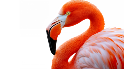 Vibrant orange flamingo, closeup portrait, white background, elegant curved neck, sharp black beak, detailed feathers, high contrast, studio lighting, minimalist composition, wildlife photography