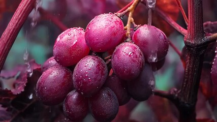 Close-up view of a bunch of dark red grapes on a vine