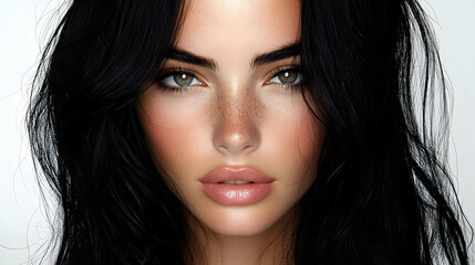 Closeup Portrait of a Woman with Freckles and Long Black Hair - Illustration