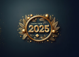 Fototapeta premium A golden circle with the number 2025 inside, surrounded by leaves, stars, and spheres on a dark blue background.