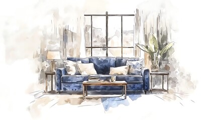 Hand-drawn watercolor sketch of living room furniture. A stylish logo design for interior decoration.