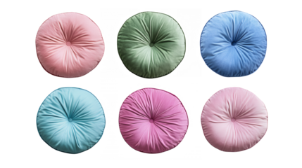 round cushions, pastel colors, tufted pillows, soft texture, minimalist design, circular shape, candy colors, plush fabric, symmetrical arrangement, 3x2 grid, soothing palette, home decor