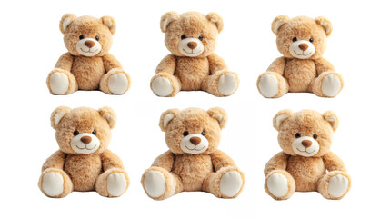Cute teddy bears, plush toys, soft brown fur, adorable faces, round eyes, small noses, fluffy texture, symmetrical arrangement, white background, multiple identical bears, stuffed animals