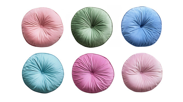 round cushions, pastel colors, tufted pillows, soft texture, minimalist design, circular shape, candy colors, plush fabric, symmetrical arrangement, 3x2 grid, soothing palette, home decor
