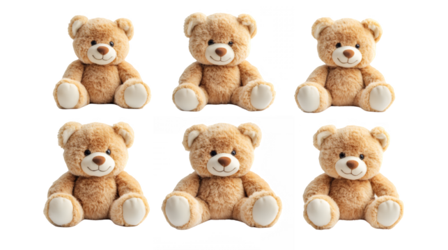 Cute teddy bears, plush toys, soft brown fur, adorable faces, round eyes, small noses, fluffy texture, symmetrical arrangement, white background, multiple identical bears, stuffed animals