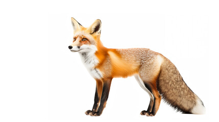 Obraz premium Red fox, side view, white background, realistic, detailed fur, alert posture, bushy tail, pointed ears, curious expression, wildlife photography, 4K, high contrast, studio lighting