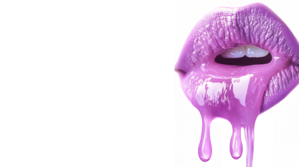 Vibrant purple lips, glossy texture, dripping paint effect, surreal beauty, macro photography, white background, high contrast, hyper-realistic details, pop art style, liquid makeup, fashion editorial