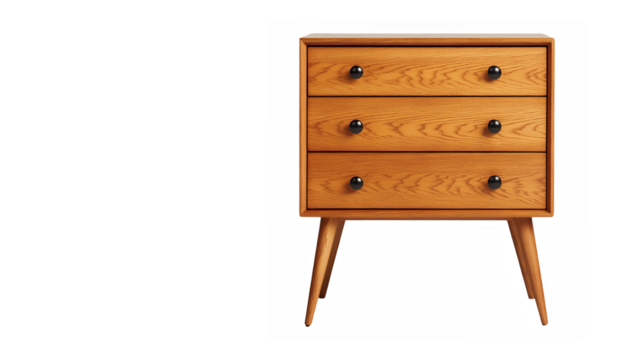 Mid-century modern dresser, wooden furniture, retro design, tapered legs, minimalist style, three drawers, light wood grain, brass drawer pulls, vintage aesthetic, clean lines, compact size