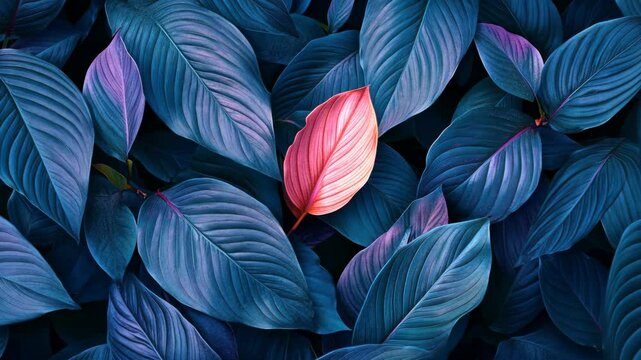 Dense foliage of deep blue leaves creates a rich backdrop for a vibrant pink leaf